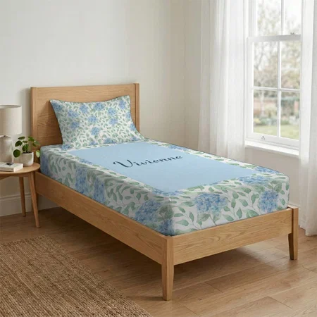 Blue Green Watercolor Wildflower Name Customized Full Print Single Bed Bedsheet in Cotton Feel Fabric with Photo Print