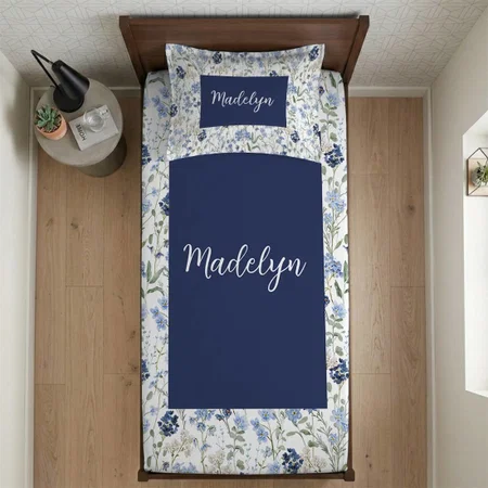 Blue Watercolor Wildflower Name Customized Full Print Single Bed Bedsheet in Cotton Feel Fabric with Photo Print