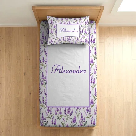 Purple Sage Green Lavender Custom Name Customized Full Print Single Bed Bedsheet in Cotton Feel Fabric with Photo Print
