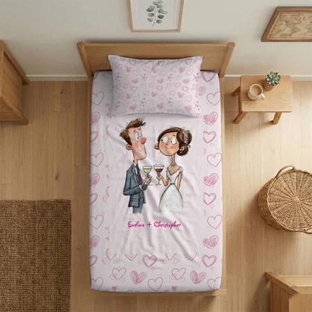 Watercolor Wedding Couple Customized Full Print Single Bed Bedsheet in Cotton Feel Fabric with Photo Print