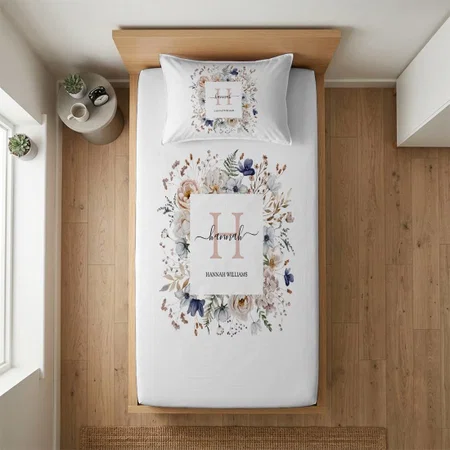 Elegant Monogram Pretty Beige Blue Flowers Floral Customized Full Print Single Bed Bedsheet in Cotton Feel Fabric with Photo Print