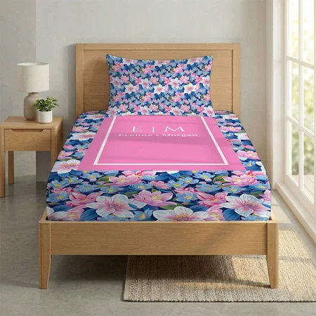 Elegant Pale Pink Baby Blue Flowers Wedding Gift Customized Full Print Single Bed Bedsheet in Cotton Feel Fabric with Photo Print