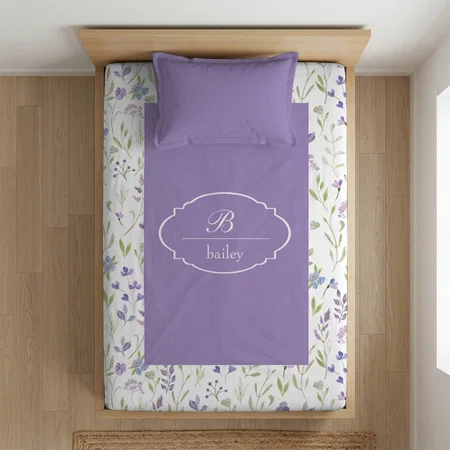 Purple Floral Monogram  Customized Full Print Single Bed Bedsheet in Cotton Feel Fabric with Photo Print