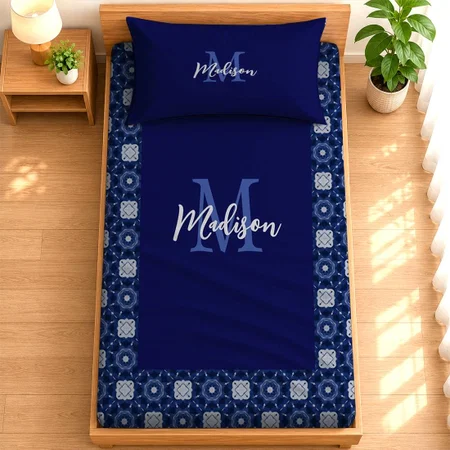 Elegant Blue Grey Initial Monogrammed Customized Full Print Single Bed Bedsheet in Cotton Feel Fabric with Photo Print