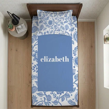Blue And White Floral Custom Name Botanical Modern Customized Full Print Single Bed Bedsheet in Cotton Feel Fabric with Photo Print