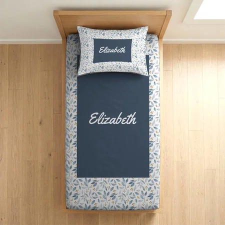 Blue Watercolor Botanical Pattern Customized Full Print Single Bed Bedsheet in Cotton Feel Fabric with Photo Print
