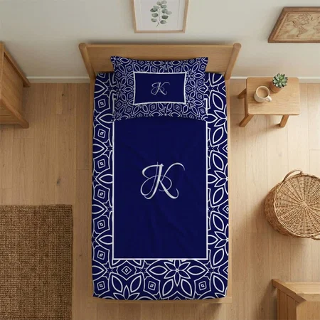 Elegant Blue Grey Initial Monogram Customized Full Print Single Bed Bedsheet in Cotton Feel Fabric with Photo Print