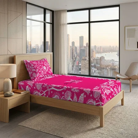Monogram Neon Pink Customized Full Print Single Bed Bedsheet in Cotton Feel Fabric with Photo Print