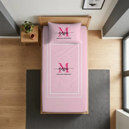 Hot Pink Modern Script Girly Monogram Name Customized Full Print Single Bed Bedsheet in Cotton Feel Fabric with Photo Print
