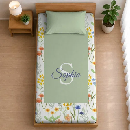 Green Orange Watercolor Wildflower Name Customized Full Print Single Bed Bedsheet in Cotton Feel Fabric with Photo Print