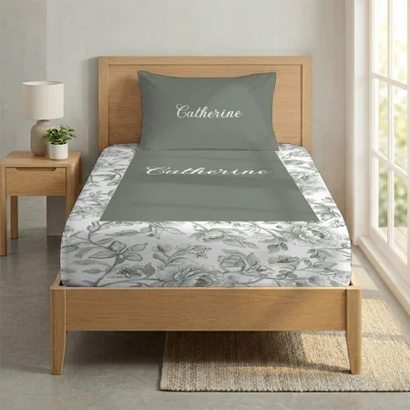 Sage Green Floral Vintage Toile Monogram Name Customized Full Print Single Bed Bedsheet in Cotton Feel Fabric with Photo Print
