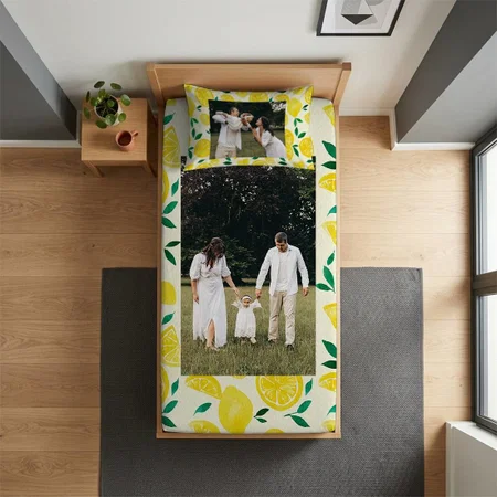 Watercolor Lemons Yellow And Green Customized Full Print Single Bed Bedsheet in Cotton Feel Fabric with Photo Print