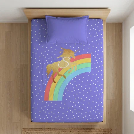 Golden Unicorn Over Pastel Rainbow Customized Full Print Single Bed Bedsheet in Cotton Feel Fabric with Photo Print