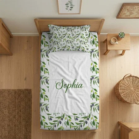 Watercolor Olive Pattern Customized Full Print Single Bed Bedsheet in Cotton Feel Fabric with Photo Print