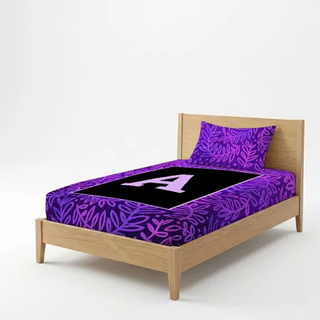 Purple Foliage Leaf Pattern Modern Monogram Bold Customized Full Print Single Bed Bedsheet in Cotton Feel Fabric with Photo Print