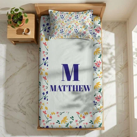 Pink Purple Yellow Green Elegant Floral Pattern Customized Full Print Single Bed Bedsheet in Cotton Feel Fabric with Photo Print