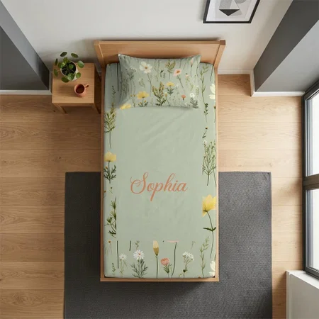 Pretty Wildflowers Sage Green Customized Full Print Single Bed Bedsheet in Cotton Feel Fabric with Photo Print