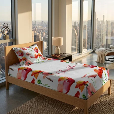 Poppy Blossom Simple Seamless Pattern Customized Full Print Single Bed Bedsheet in Cotton Feel Fabric with Photo Print