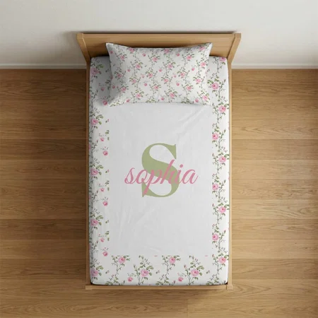 Elegant Pink Roses Flowers Pattern Customized Full Print Single Bed Bedsheet in Cotton Feel Fabric with Photo Print