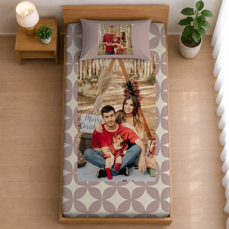 Stylish Dusty Mauve Geometric Shapes Pattern Customized Full Print Single Bed Bedsheet in Cotton Feel Fabric with Photo Print