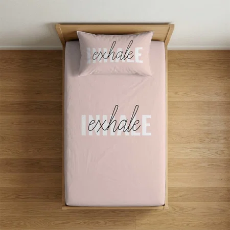 Modern Pastel Pink Inhale Exhale Quote Customized Full Print Single Bed Bedsheet in Cotton Feel Fabric with Photo Print