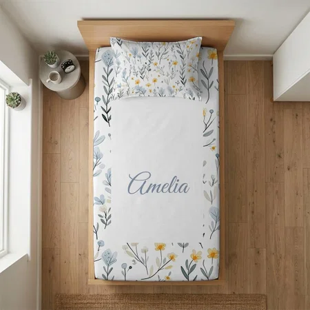 Minimal Gentle Colorful Garden Wildflowers Customized Full Print Single Bed Bedsheet in Cotton Feel Fabric with Photo Print