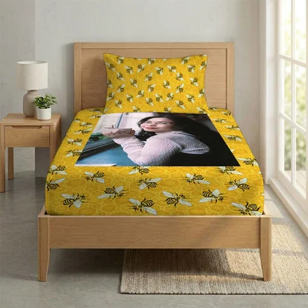 Honeybees Honeycomb Beehive Bee Nature Pattern Customized Full Print Single Bed Bedsheet in Cotton Feel Fabric with Photo Print