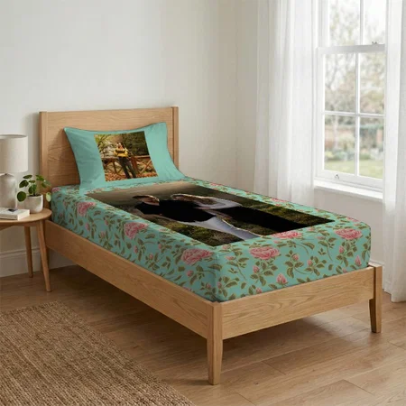 Light Teal Vintage Pink Rose Flowers Customized Full Print Single Bed Bedsheet in Cotton Feel Fabric with Photo Print