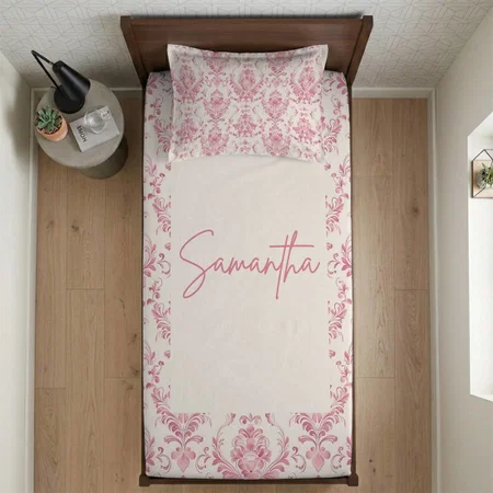 Vintage Pink Floral Pattern Customized Full Print Single Bed Bedsheet in Cotton Feel Fabric with Photo Print