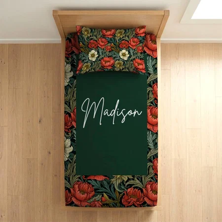 Terracotta Ivory Sage Green Flower Pattern Customized Full Print Single Bed Bedsheet in Cotton Feel Fabric with Photo Print