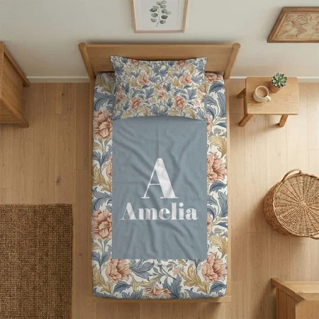Dusty Blue Peach Ivory Flower Pattern Customized Full Print Single Bed Bedsheet in Cotton Feel Fabric with Photo Print