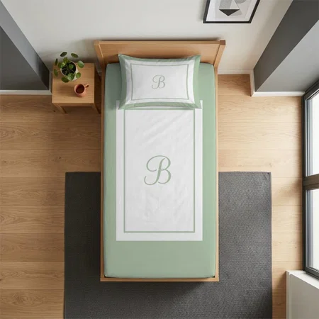 Elegant Sage Green Border Script Customized Full Print Single Bed Bedsheet in Cotton Feel Fabric with Photo Print