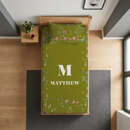 Pink Olive Green Trendy Floral Pattern Customized Full Print Single Bed Bedsheet in Cotton Feel Fabric with Photo Print