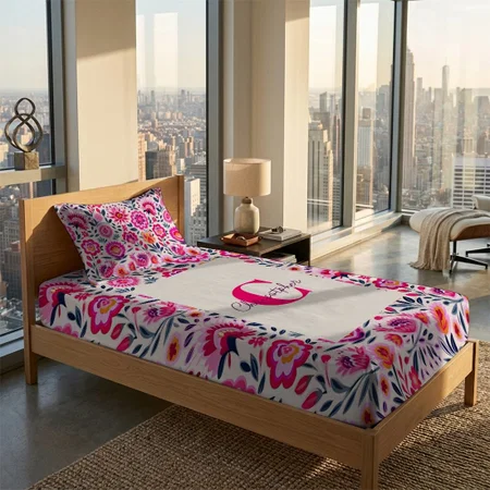 Fuchsia Mexican Flowers Pattern Customized Full Print Single Bed Bedsheet in Cotton Feel Fabric with Photo Print