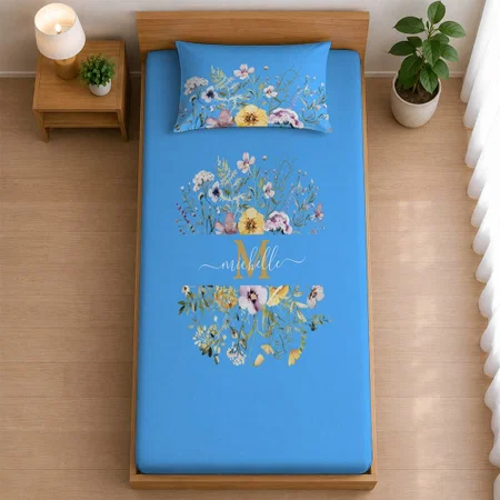 Elegant Monogram Colorful Wildflower Garden Floral Customized Full Print Single Bed Bedsheet in Cotton Feel Fabric with Photo Print