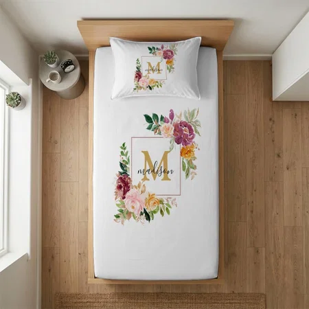 Monogram Elegant Watercolor Rose Floral Botanical Customized Full Print Single Bed Bedsheet in Cotton Feel Fabric with Photo Print