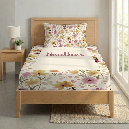 Pink Watercolor Wildflower Name Customized Full Print Single Bed Bedsheet in Cotton Feel Fabric with Photo Print