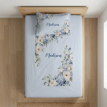Dusty Blue Watercolor Ivory Flowers Leaves Rustic Customized Full Print Single Bed Bedsheet in Cotton Feel Fabric with Photo Print