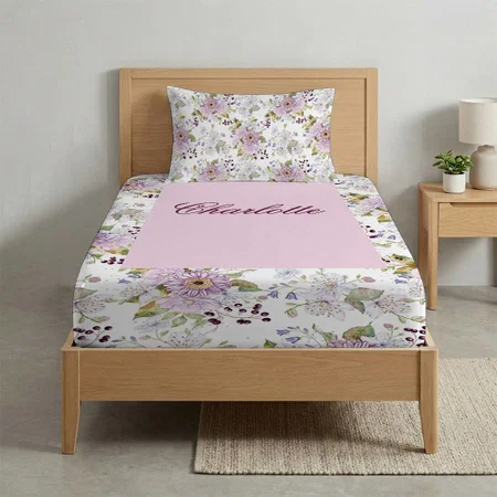 Floral Botanical Wildflower Monogram Customized Full Print Single Bed Bedsheet in Cotton Feel Fabric with Photo Print