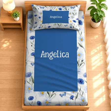 Blue Watercolor Wildflower Customized Full Print Single Bed Bedsheet in Cotton Feel Fabric with Photo Print