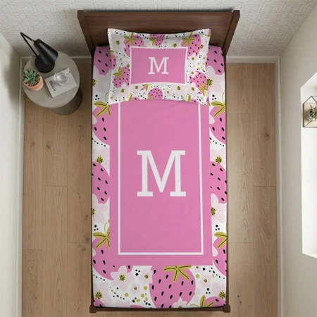 Pink Strawberrie Customized Full Print Single Bed Bedsheet in Cotton Feel Fabric with Photo Print