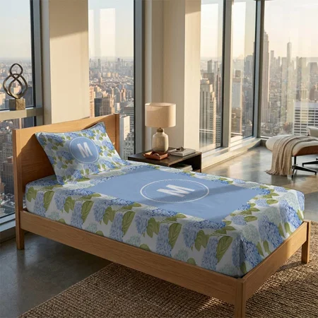 Elegant Blue Hydragea Flowers Pattern Monogram Customized Full Print Single Bed Bedsheet in Cotton Feel Fabric with Photo Print