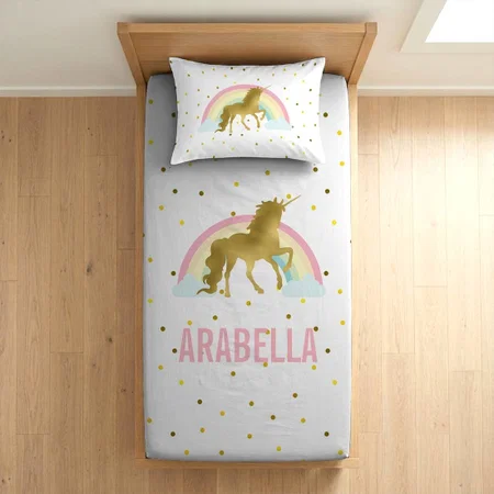 Rainbow Unicorn Customized Full Print Single Bed Bedsheet in Cotton Feel Fabric with Photo Print