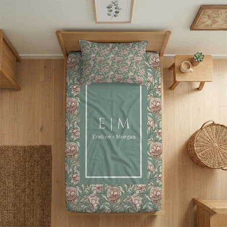 Elegant Morris Style Personalized Monogram Customized Full Print Single Bed Bedsheet in Cotton Feel Fabric with Photo Print