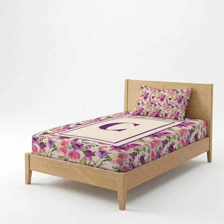 Monogram Twin Purple Pink Roses Floral Flowers Customized Full Print Single Bed Bedsheet in Cotton Feel Fabric with Photo Print