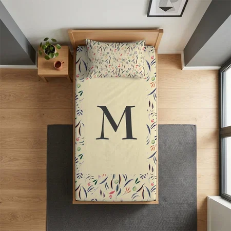Floral Cream Monogram Customized Full Print Single Bed Bedsheet in Cotton Feel Fabric with Photo Print
