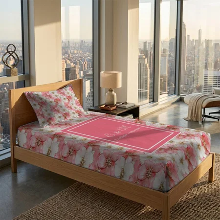 Watercolor Powder Pink Florals Modern Customized Full Print Single Bed Bedsheet in Cotton Feel Fabric with Photo Print