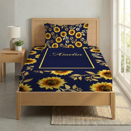 Sunny Yellow Gold Navy Sunflowers Leaves Pattern Customized Full Print Single Bed Bedsheet in Cotton Feel Fabric with Photo Print