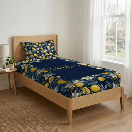 Summer Yellow Lemons Blue Flowers Customized Full Print Single Bed Bedsheet in Cotton Feel Fabric with Photo Print