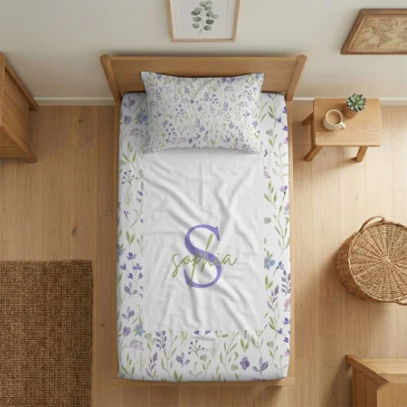Purple Watercolor Wildflower Customized Full Print Single Bed Bedsheet in Cotton Feel Fabric with Photo Print